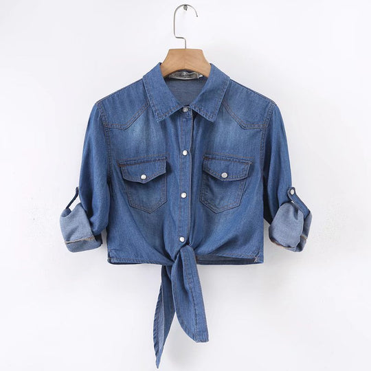 Damen Geknotete Denim Kurzbluse mit Brusttaschen und hochgekrempelten Ärmeln EB