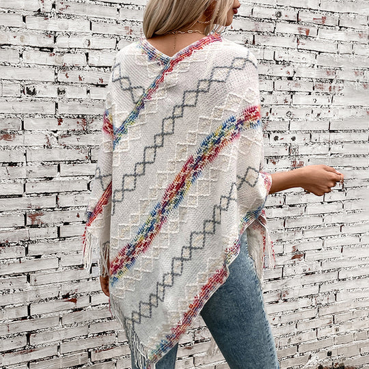 Damen modischer Wickelpullover mit fransigem Saum und einzigartigem Muster EB