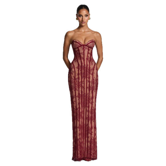 Damen figurbetontes Spitzenkleid mit Bustier-Oberteil und eleganten Details EB