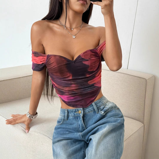 Damen Off-Shoulder Top mit Raffungen und floralem Design EB