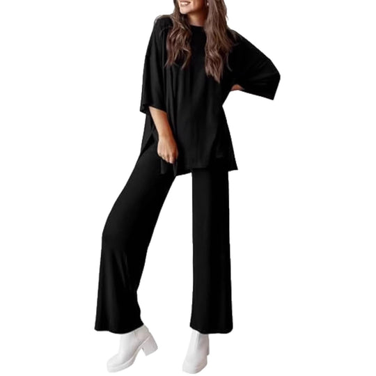 Damen Lässiges Lounge-Set aus weichem Jersey mit Oversize-Tunika und weiter Palazzo-Hose EB