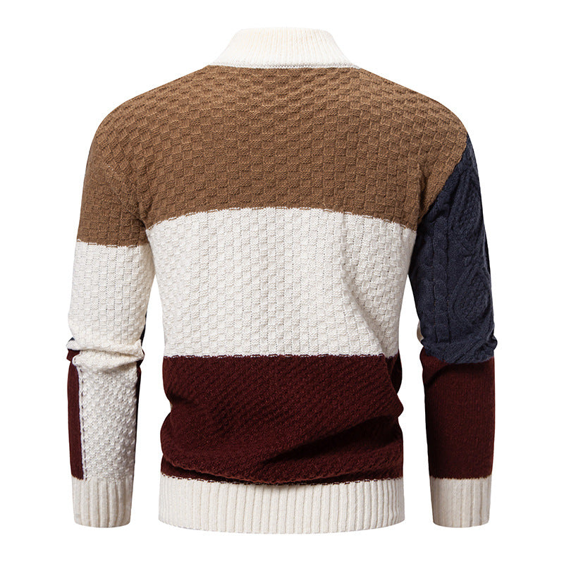 Herren nan strukturierter Patchwork-Strickpullover mit hohem Stehkragen und kombinierten Strickmustern EB