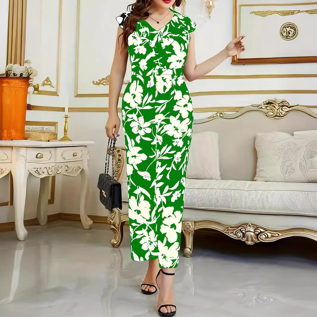 Damen Maxikleid mit floralen Akzenten und elegantem V-Ausschnitt EB