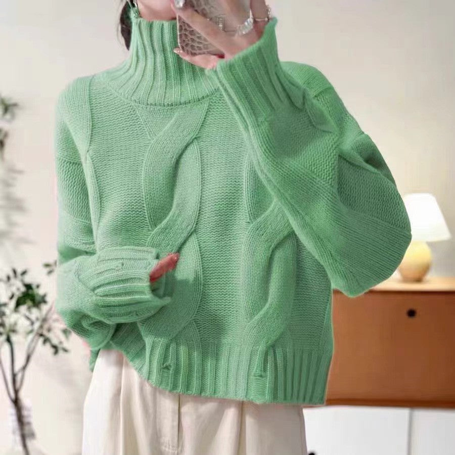 Damen Strickpullover mit hohem Kragen und Zopfmuster EB