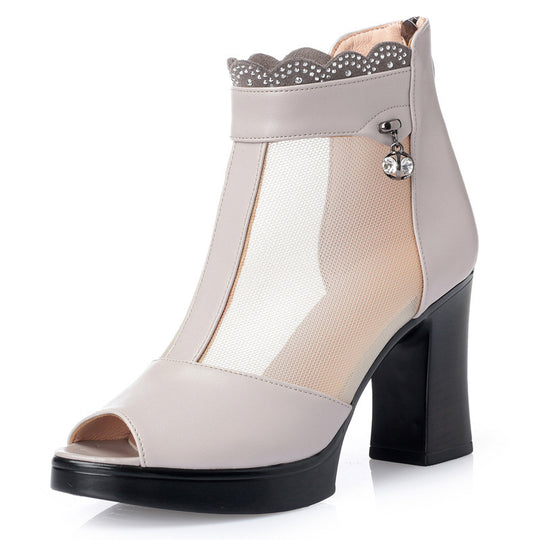 Damen Modische Peep-Toe Stiefeletten mit eleganter Mesh-Ansicht und hohem Blockabsatz EB