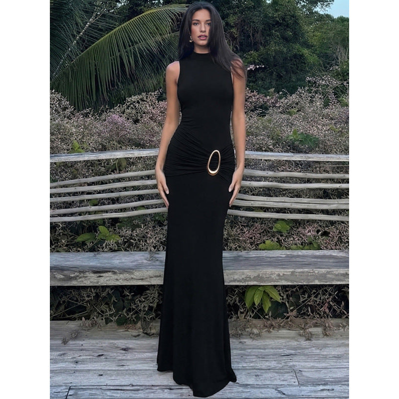 Damen Elegantes Maxikleid mit figurbetonendem Schnitt und dekorativem Taillengürtel EB