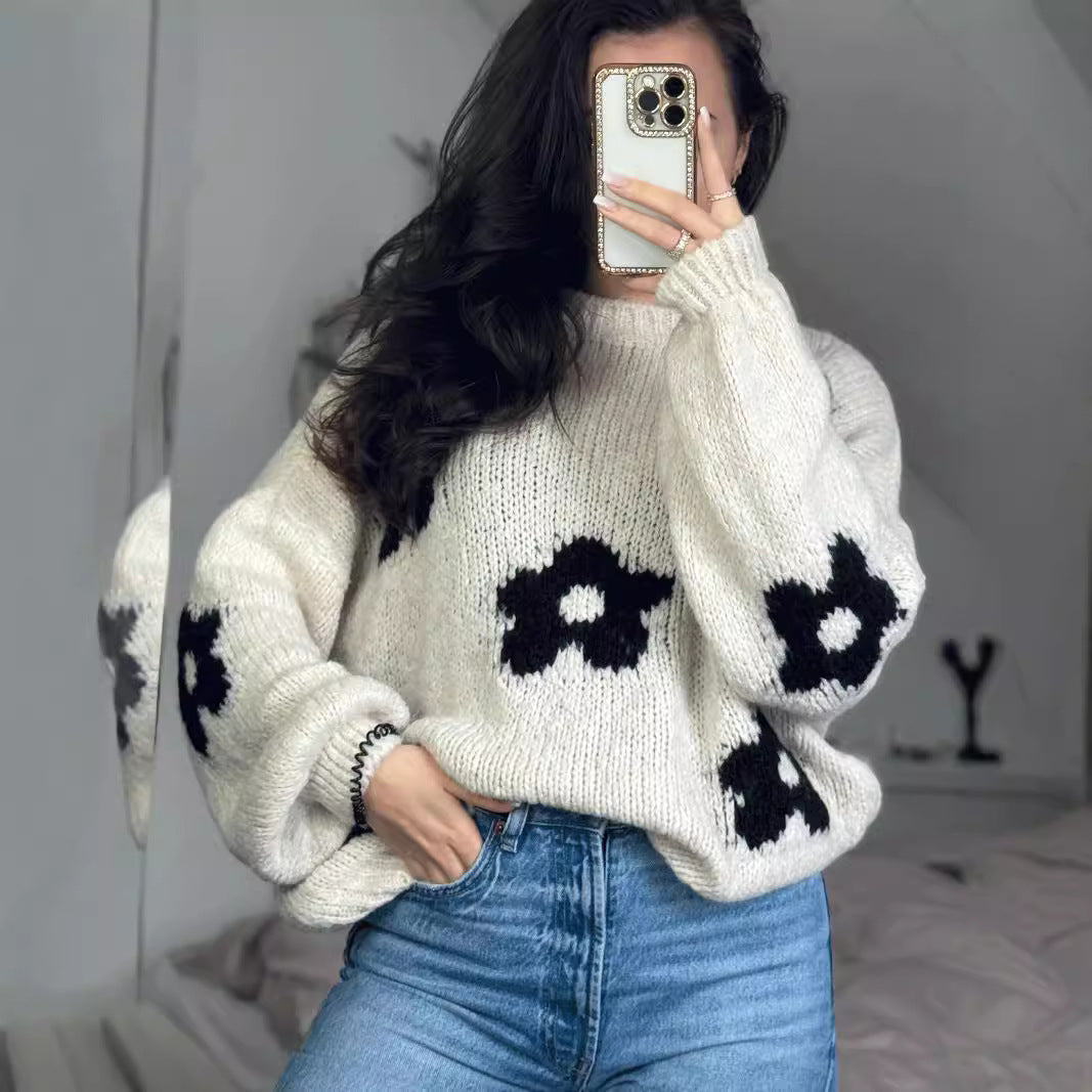 Damen Grobstrickpullover mit folkloristischen Blumenmustern und lässigem Schnitt EB