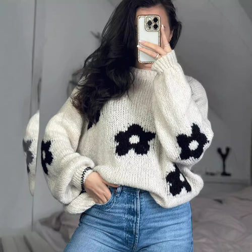 Damen Grobstrickpullover mit folkloristischen Blumenmustern und lässigem Schnitt EB