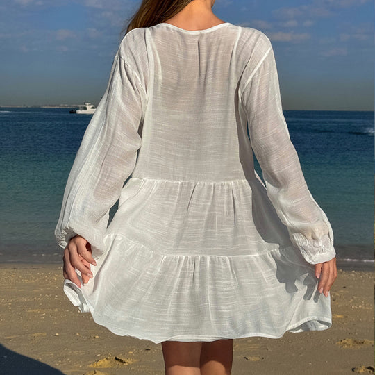 Damen luftiges Strandkleid mit Spitzenbesatz und Wasserfall-Saum EB