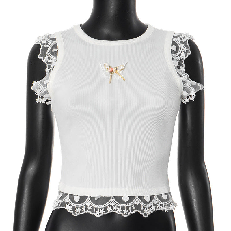 Damen zartes Crop-Top mit romantischer Spitzenkante EB