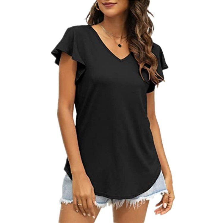 Damen V-Ausschnitt T-Shirt mit Rüschenärmeln und lässigem Schnitt EB