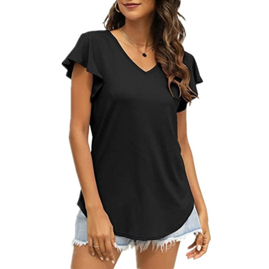 Damen V-Ausschnitt T-Shirt mit Rüschenärmeln und lässigem Schnitt EB