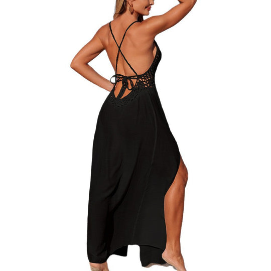 Damen Maxikleid mit filigranem Häkelmuster und hohem Schlitz EB