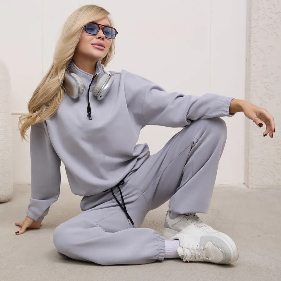Damen weiches Lounge-Set mit halbem Reißverschluss, Kordelzughose und elastischen Bündchen EB