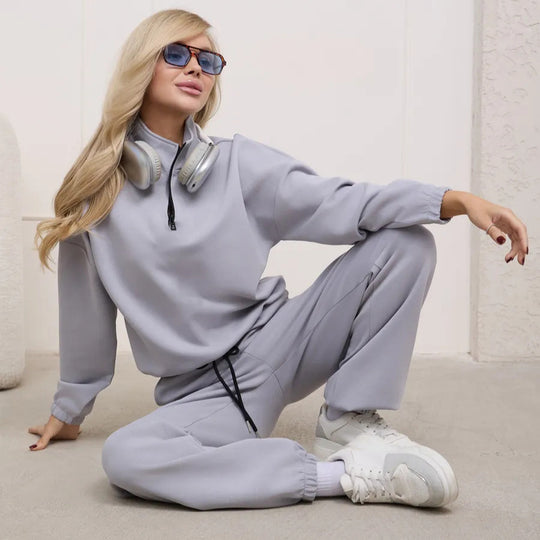 Damen weiches Lounge-Set mit halbem Reißverschluss, Kordelzughose und elastischen Bündchen EB
