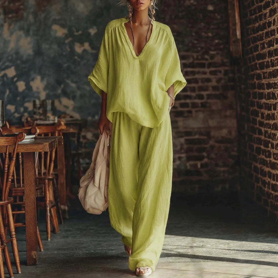 Damen nan lässiges zweiteiliges Leinenoptik-Set mit tiefem V-Ausschnitt, Oversize-Bluse und weitem Palazzo-Hosen EB