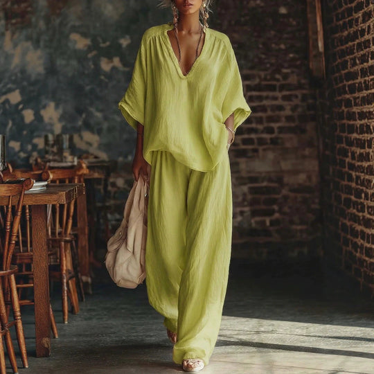 Damen nan lässiges zweiteiliges Leinenoptik-Set mit tiefem V-Ausschnitt, Oversize-Bluse und weitem Palazzo-Hosen EB
