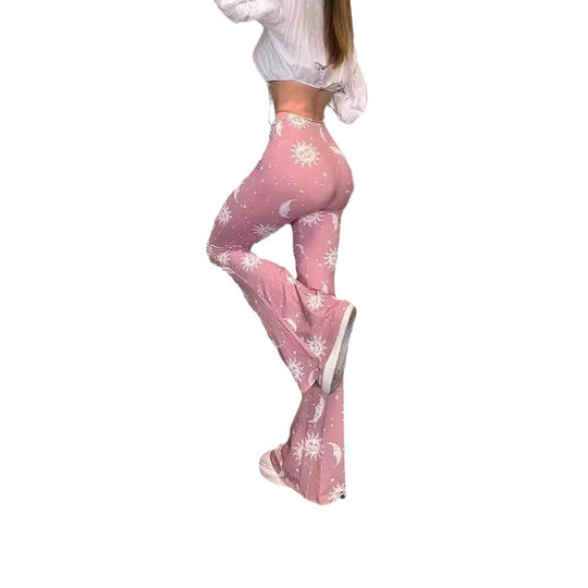 Damen weite High-Waist-Hose mit Sonnen- und Mondmuster EB