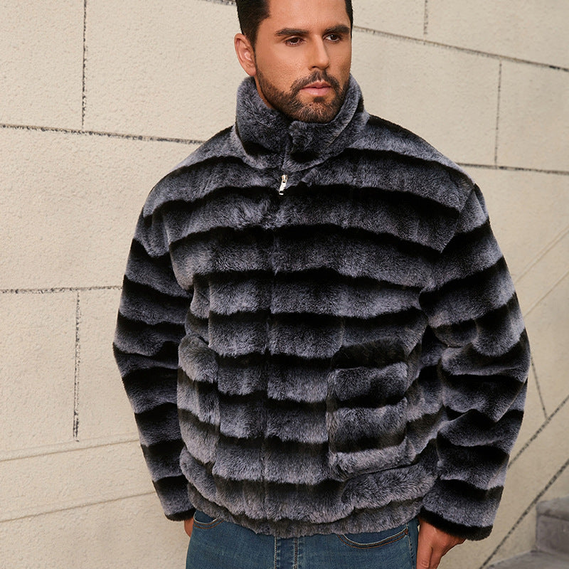 Herren Modische Kunstpelzjacke mit gestreiftem Design EB