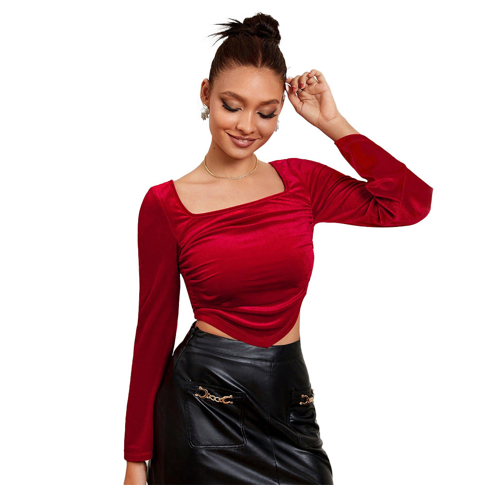 Damen Samt-Cropped-Top mit quadratischem Ausschnitt, seitlicher Raffung und Glockenärmeln Eichborn Berlin