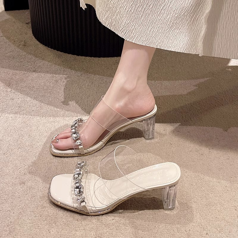 Damen elegante offene Mules mit Absatz und funkelnden Akzenten EB