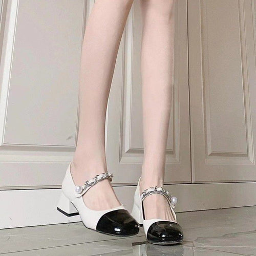 Damen Schicke Ballerinas mit dekorativem Riemen und komfortablem Blockabsatz EB