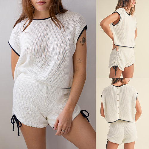 Damen Strickshorts-Set mit kontrastierenden Details und lockerem Schnitt EB