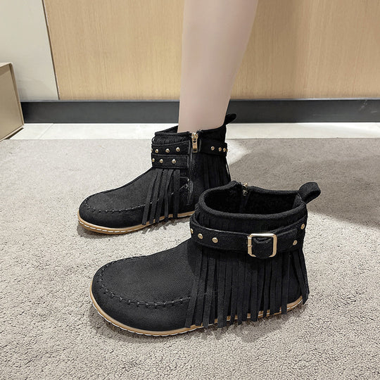Damen nan Fransen-Ankleboot im Mokassinstil mit Ziernieten, Schnallenriemen und seitlichem Reißverschluss EB
