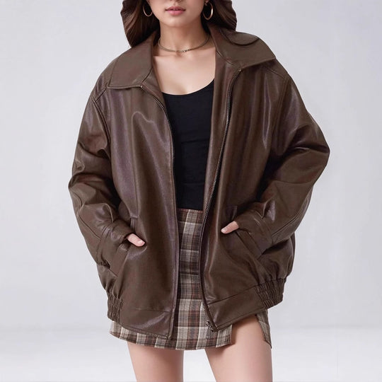 Damen modische und oversized Kunstlederjacke EB