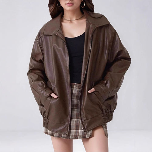 Damen modische und oversized Kunstlederjacke EB