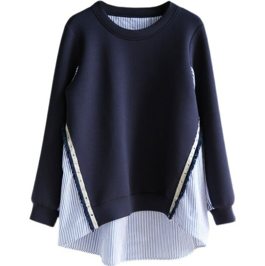 Damen nan Lagenlook-Sweatshirt mit gestreiftem Hemdsaum, Zierriegeln und verlängertem Rückteil EB