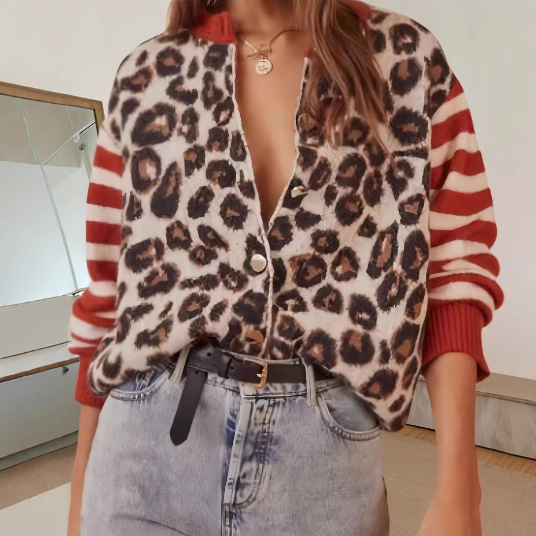 Damen Modische Jacke mit Tiermuster und gestreiften Ärmeln EB