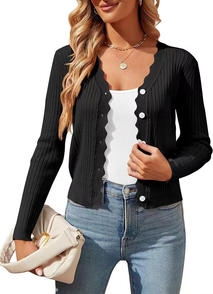 Damen elegante Strickjacke mit Wellenkante EB
