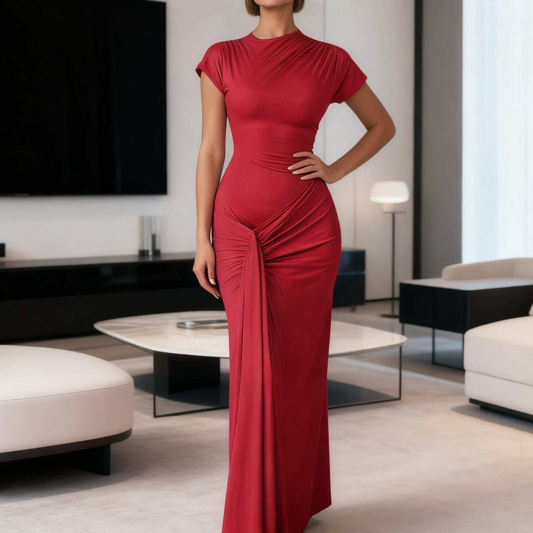Damen Elegantes Langarm Maxi-Kleid mit Drapierung und figurformendem Schnitt EB