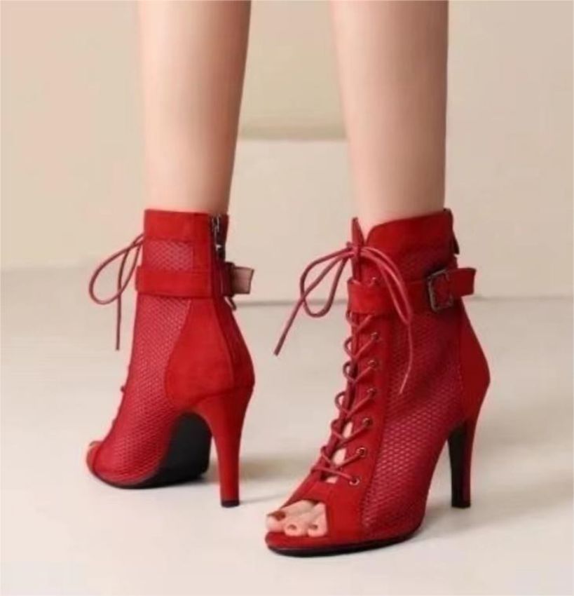 Damen Netz-Stiefeletten mit eleganter Schnürung und hohem Absatz EB