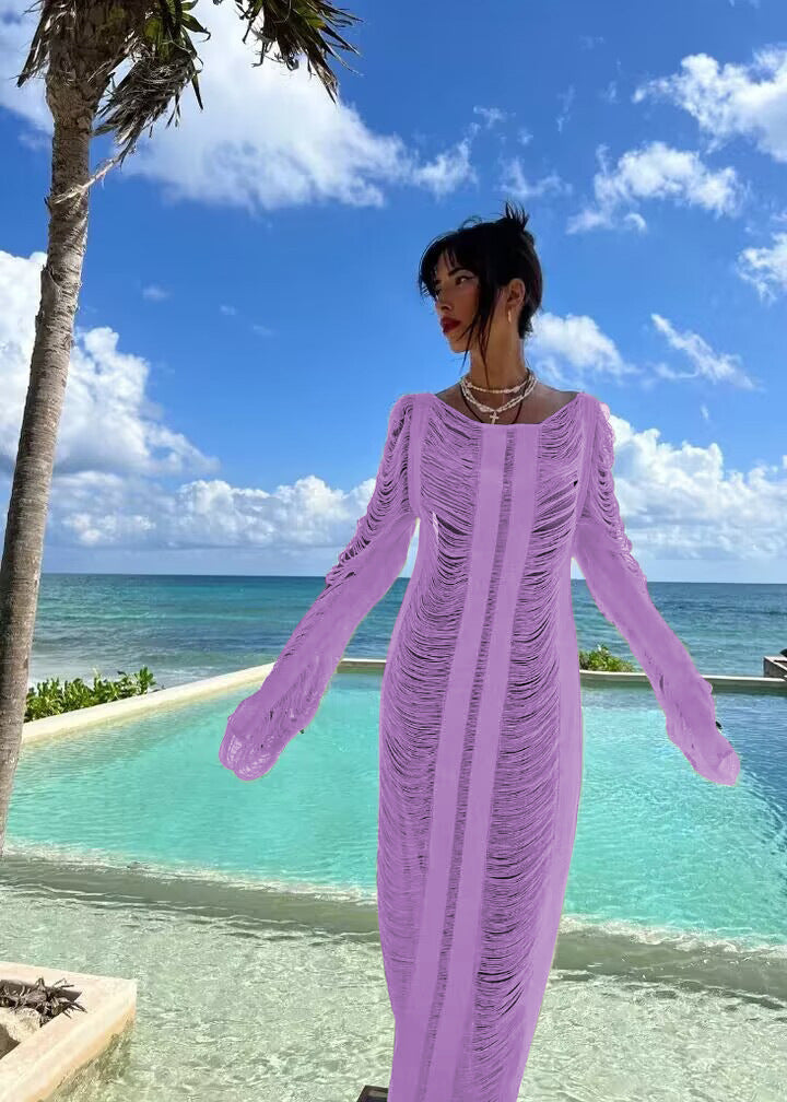 Damen elegantes Strandkleid mit raffinierten Fransen und transparenten Elementen EB