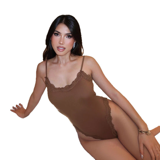 Damen eleganter Bodysuit mit Spitzenakzenten und verstellbaren Trägern EB