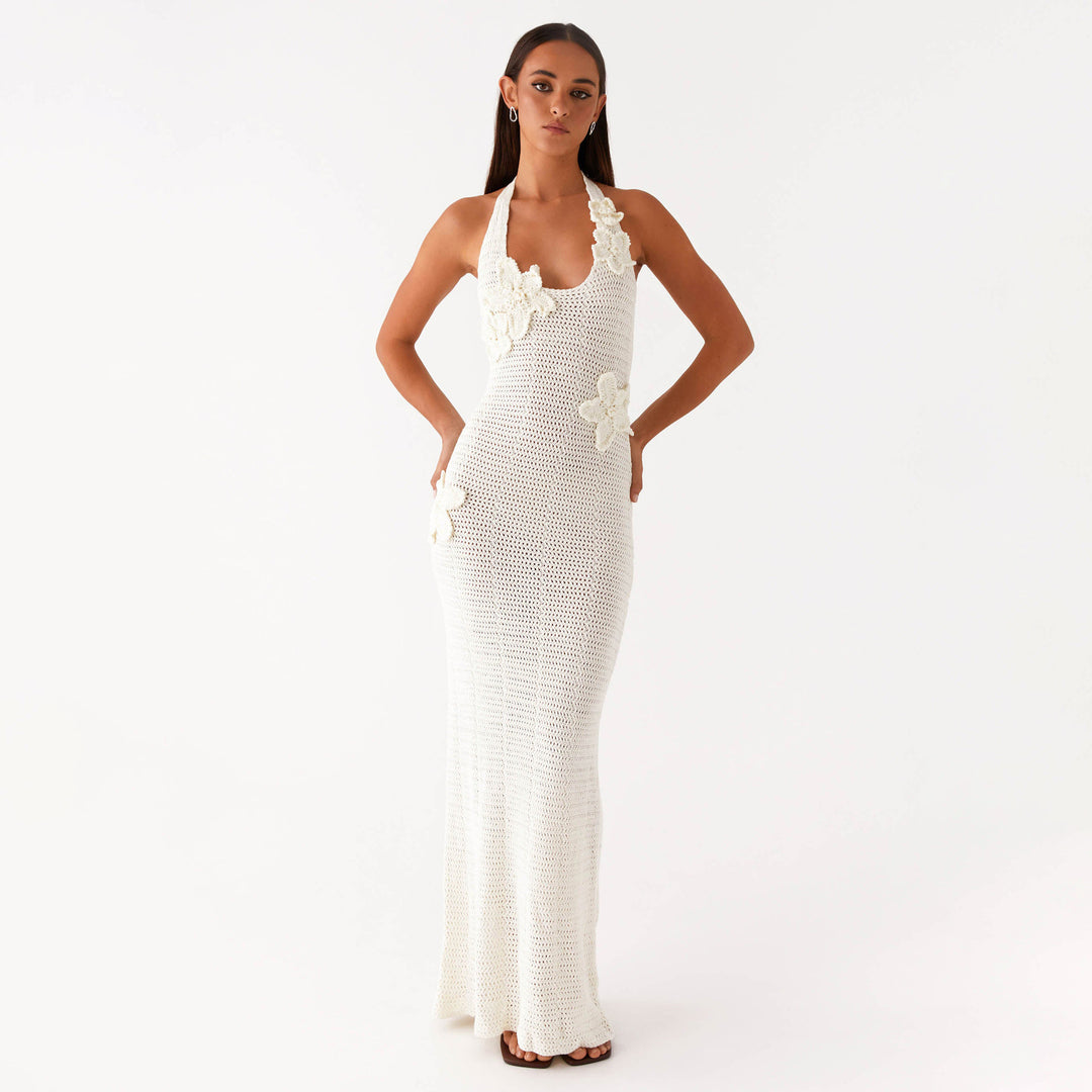 Damen häkel Maxi-Kleid mit floralem Design EB