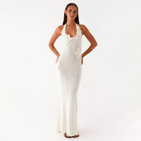 Damen häkel Maxi-Kleid mit floralem Design EB