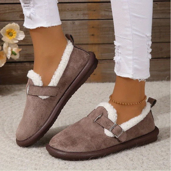 Damen Gefütterte Wildleder‑Optik Hausschuhe-Mules mit Teddyfutter und verstellbarem Riemen EB