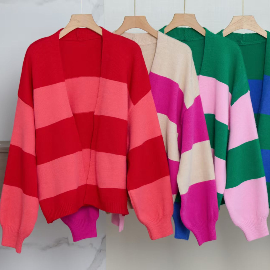 Damen Modischer Strickcardigan mit breiten Streifen und lässigem Schnitt EB
