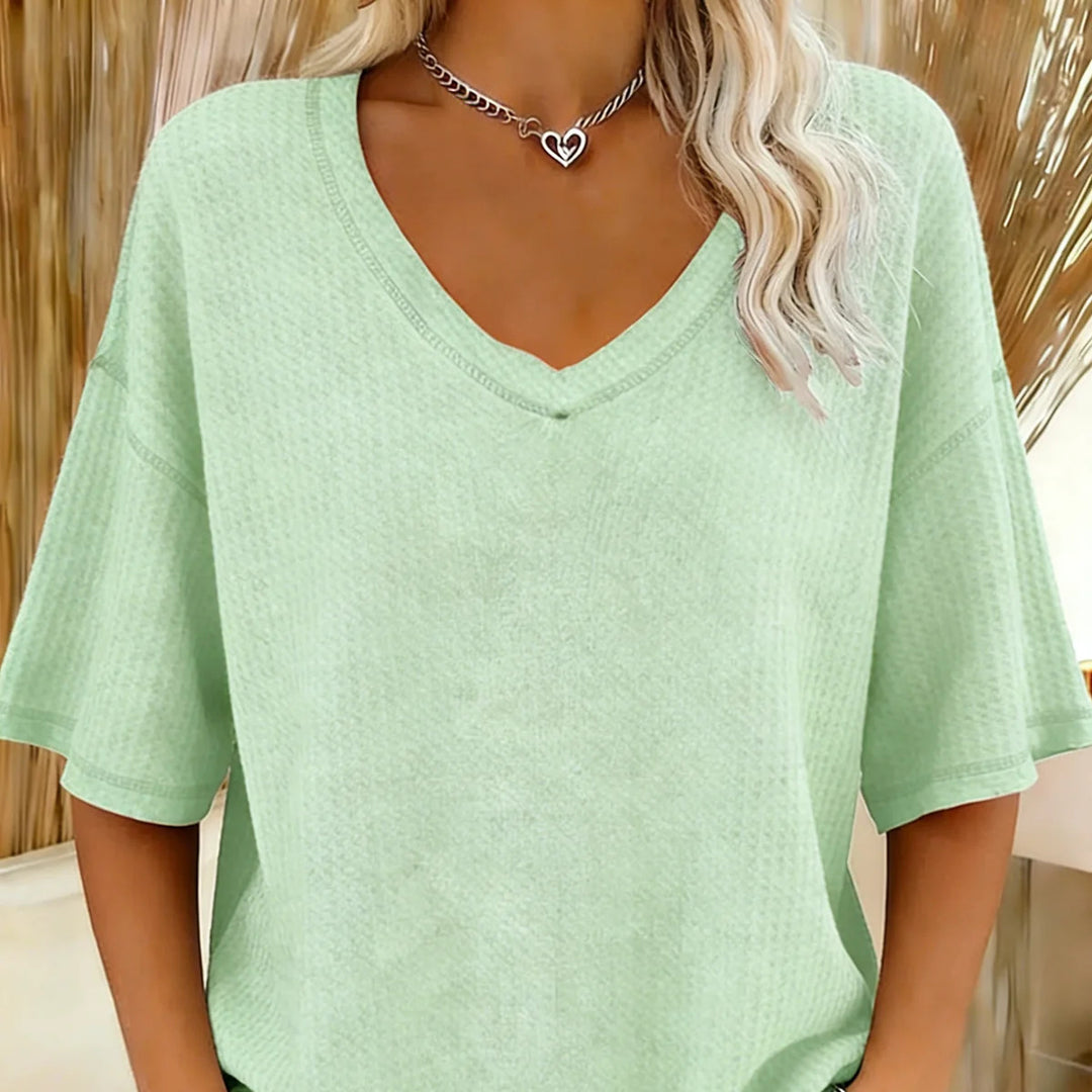 Damen lässiges Oversize-Shirt mit V-Ausschnitt und strukturiertem Muster EB