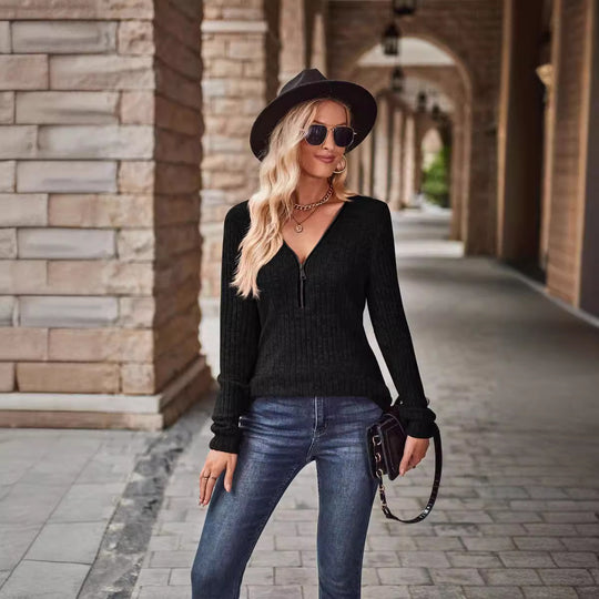 Damen Modischer Pullover mit teilbarem Reißverschluss und Rippstrick-Muster EB
