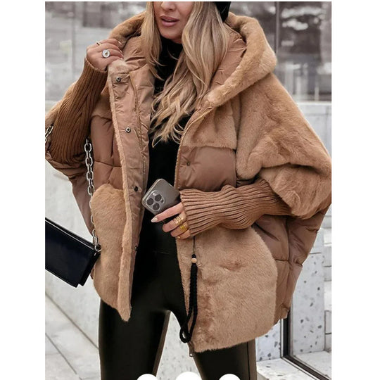 Damen nan gesteppte Kurzjacke mit Teddyfell-Einsätzen, Kapuze und integrierten Rippbündchen EB