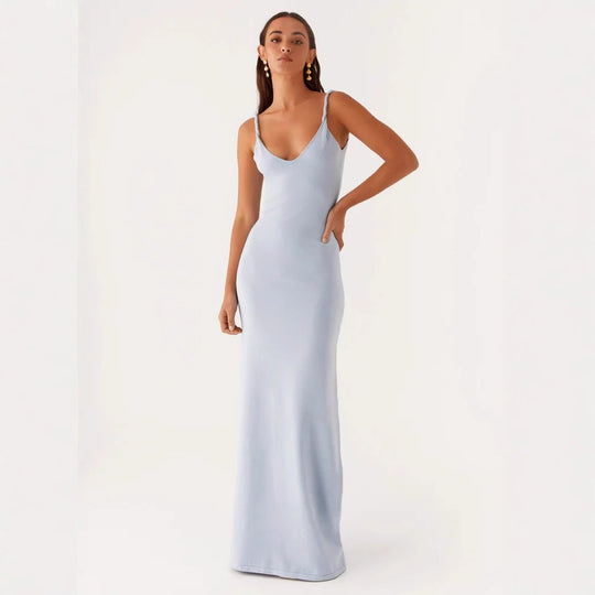 Damen Elegantes Maxirockkleid mit tiefem V-Ausschnitt und feinen Trägern EB