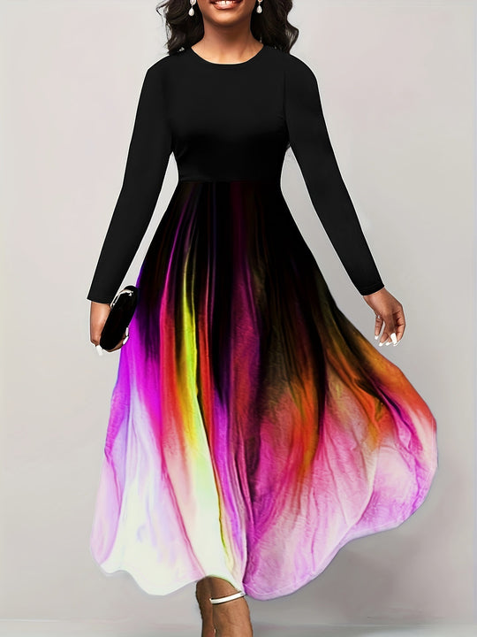 Damen Elegantes Maxikleid mit kreativer Farbverlauf-Optik und langen Ärmeln EB