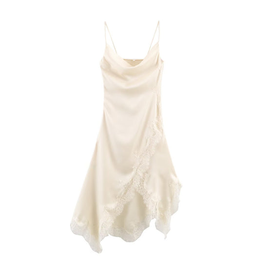 Damen edles Spaghetti-Trägerkleid mit zarter Spitze und fließendem Satin EB