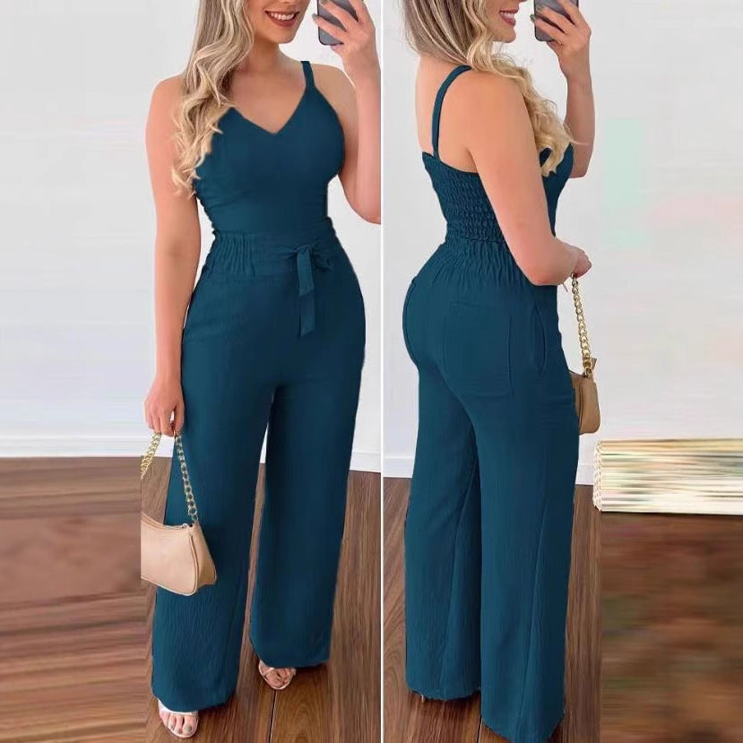 Damen Jumpsuit mit breiten Beinen und Schärpe EB