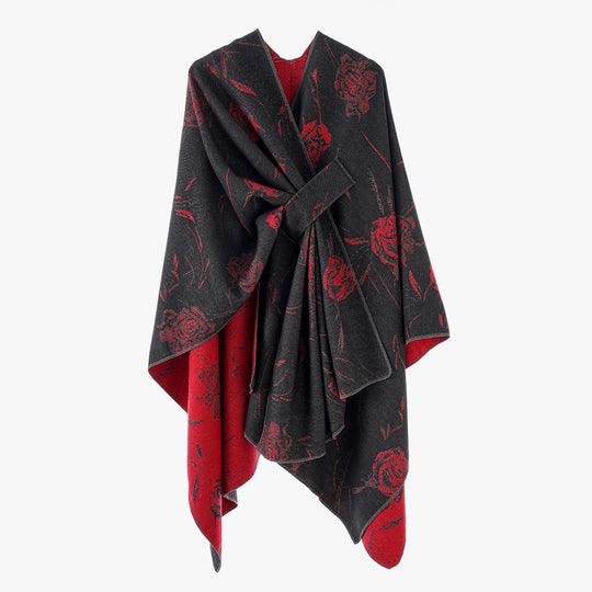 Damen Beidseitig tragbarer Jacquard-Überwurf mit Rosenmuster und Bindegürtel EB