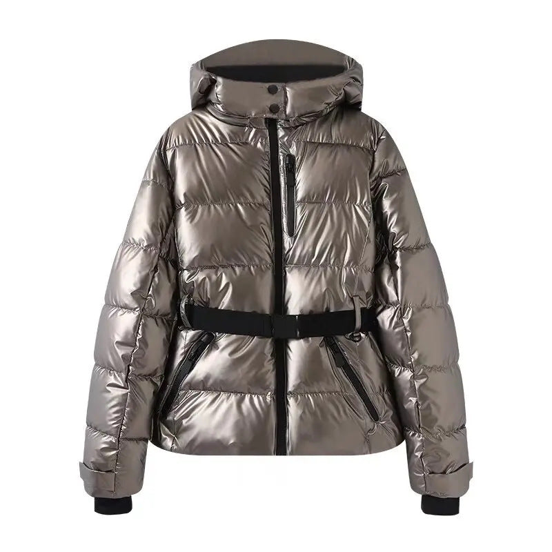 Damen warme Steppjacke mit abnehmbarer Kapuze und Taillengürtel EB